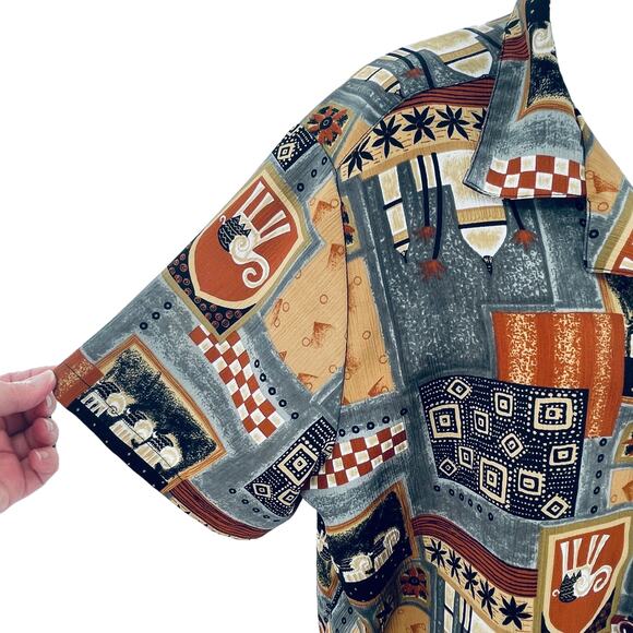 Vintage Ship 'n Shore Gray Brown Graphic India Button Short Sleeve Blouse XL - Picture 4 of 9